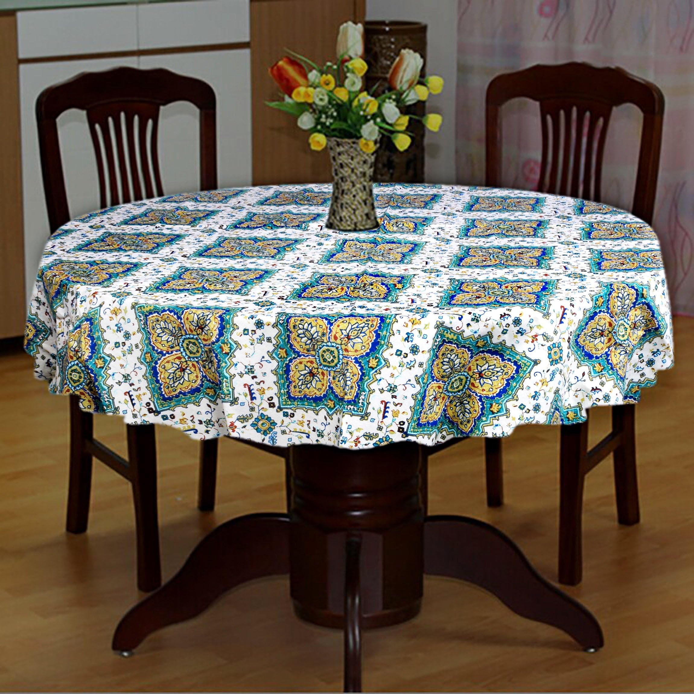 Miyanbazaz Textiles 100% Cotton Dining Table Cover- Multi-Color Round Tablecloth- 60" Round