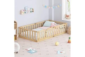 Spirich Twin Size Kids Floor Bed Frame with Fence and Door, Solid Wood Montessori Floor Bed for Kids with Safety Guardrails, Twin Bed Frame for Boys and Girls, Natural