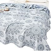 MEJU Feather Heart Boho Indian Blue Muslin All Season Blanket for Bed Sofa Couch 100% Combed Cotton 3 Layer Soft Warm Bedspread Throw Blanket Bed Coverlet Sheet F/Q 80 in x 90 in