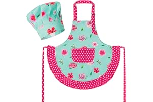 R HORSE Kid Apron and Chef Hat Set - 2Pcs Green Floral Toddler Kitchen Apron for Girls, Adjustable Role Play Costume Pretend Play Toy for Cooking Baking Painting Birthday Gift for Kids Ages 3-6