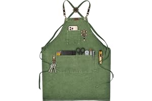 LEATHER VILLAGE Chef Aprons for Men Women with Large Pockets, Cotton Canvas Cross Back Adjustable Work Apron, Size M to XXL