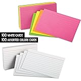 Klingy Index Cards - 3x5 Inch - Heavy Weight Ruled Index Card - 100 White Cards, 100 Neon Assorted Colors Cards - Great for Notes, Flash Cards, Lists, Recipes And More