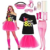 Neilyoshop 80s Costume for Women 80s Retro Hop Hip Set T Shirt Short Tutu Skirt Necklace for Halloween Cosplay