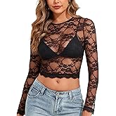 YYA Womens Mesh Tops Lace Long Sleeve Shirts Crewneck Slim Fitted Outfits See Through Blouses S-XXL