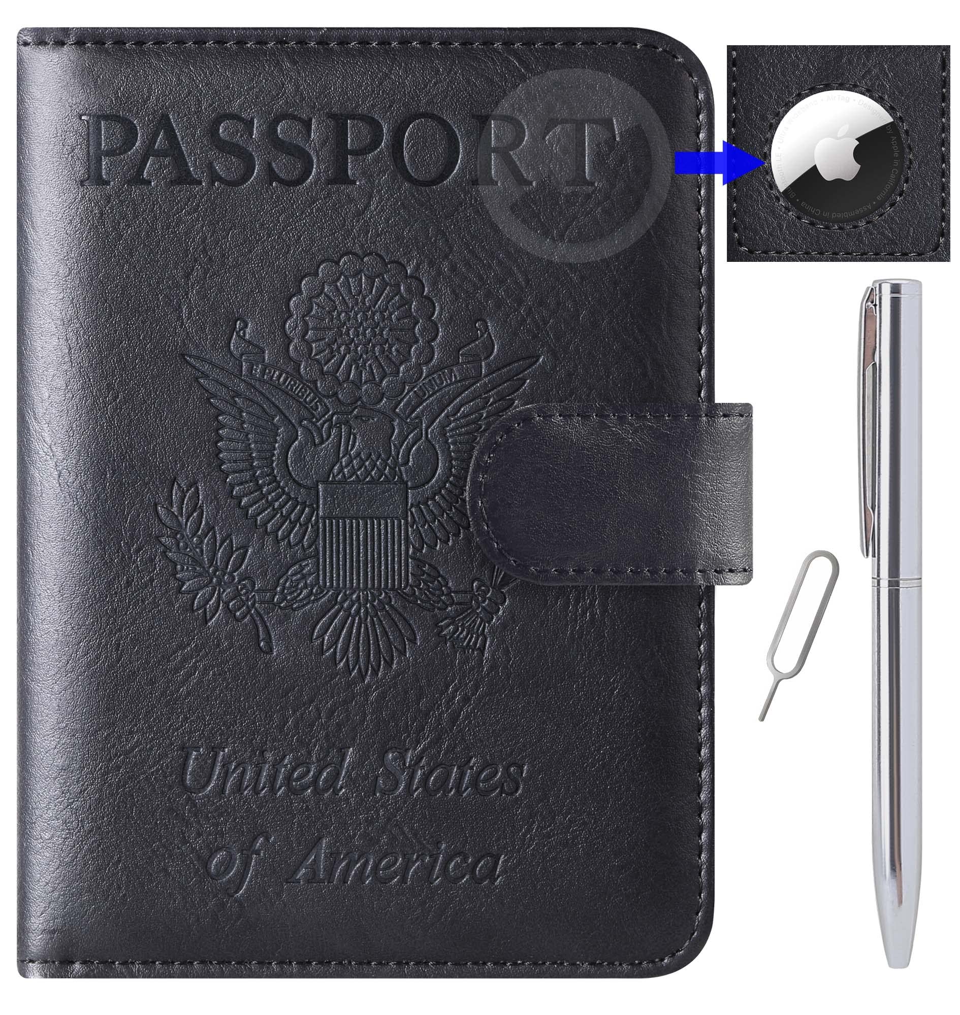 Photo 1 of Airtag Passport Holder Cover Wallet Travel Essentials Leather RFID Blocking Case Vacation Luggage Must Haves Travel Accessories for Men Women (117#Black)