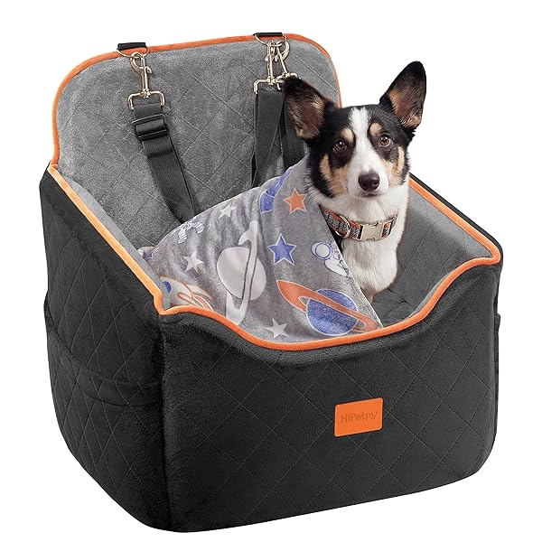 HIPETPY DOG CAR SEAT 6″ ELEVATED MEMORY FOAM BOOSTER SEAT FOR SMALL MEDIUM DOGS UNDER 35 LBS WITH PET BLANKET, WASHABLE PET CAR SEAT WITH SAFETY LEASH, ANTI-SLIP BASE AND STORAGE POCKETS