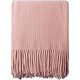 NTBAY Acrylic Knitted Throw Blanket, Lightweight and Soft Cozy Decorative Woven Blanket with Tassels for Travel, Couch, Bed, Sofa, 51x67 Inches, Light Pink Striped