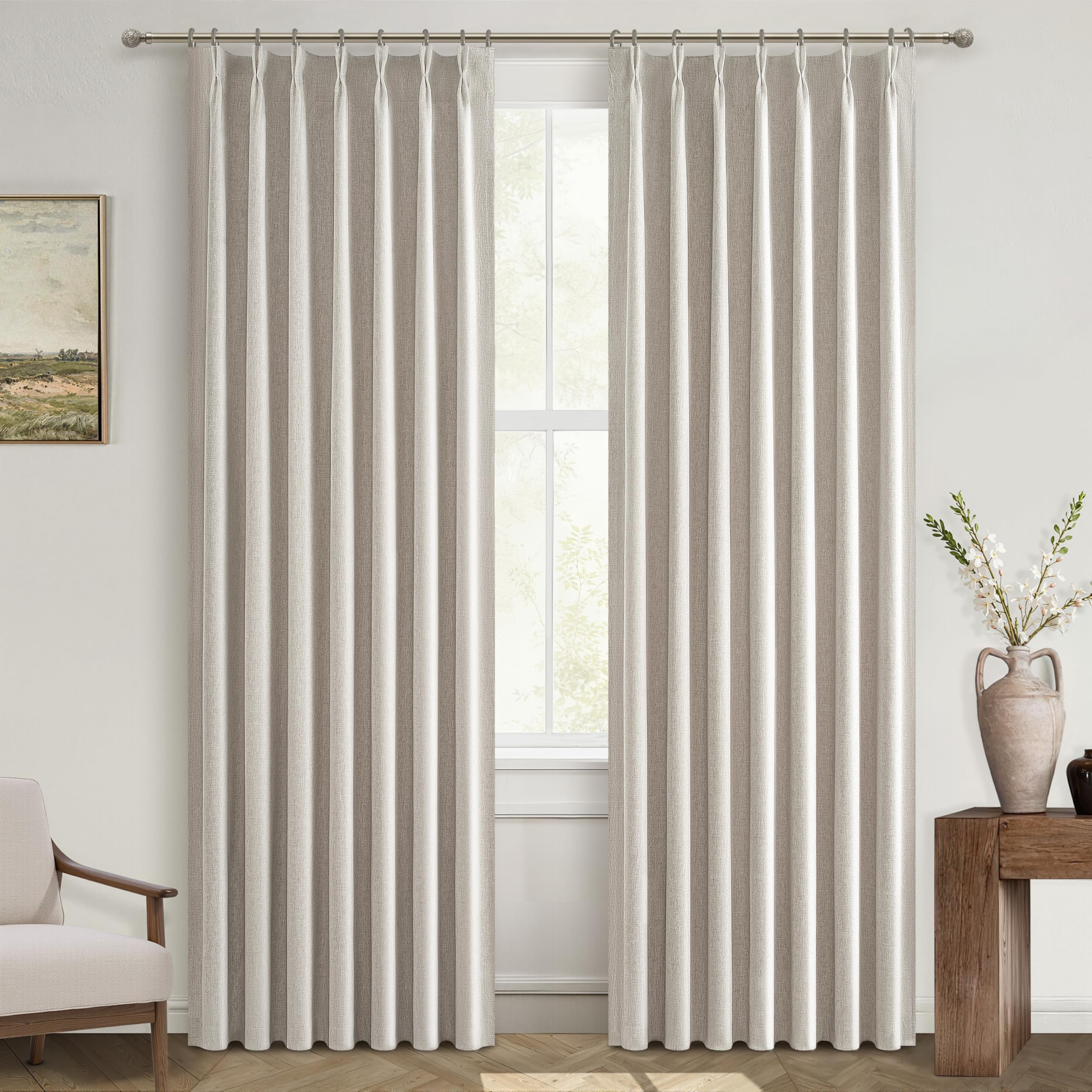 Photo 1 of 100% Blackout Thermal Curtains 84 Length 2 Panels Set for Bedroom, Linen Windows Pinch Pleated Drapes with Hooks for Track 7ft Modern Rustic Living Room Darkening Curtains 84 Inches Long Off White