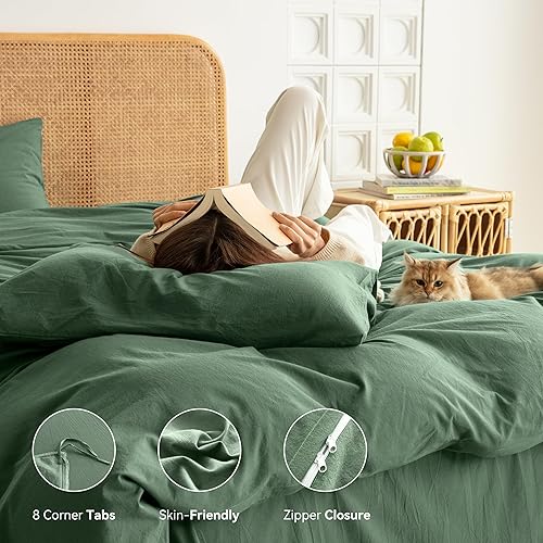 Ventidora Green Piece Duvet Cover Set Twin Size,100% Organic Washed  Cotton Linen Feel Like Textured, Luxury