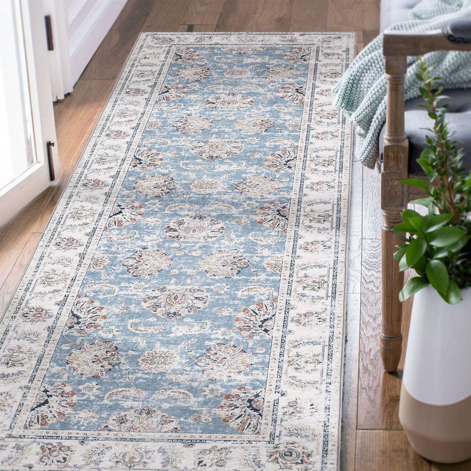 Photo 1 of COLLACT Runner Rug 2x5 - Hallway Washable Rug Floral Print Kitchen Vintage Distressed Blue Non Slip Thin Retro Farmhouse for Bedroom Bathroom Laundry Room Doorway