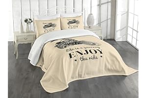 Ambesonne Motorcycle Bedspread, Monochrome Custom Chopper Design and a Motivational Words Hand Drawn Bike, Decorative Quilted 3 Piece Coverlet Set with 2 Pillow Shams, Queen Size, Beige Black