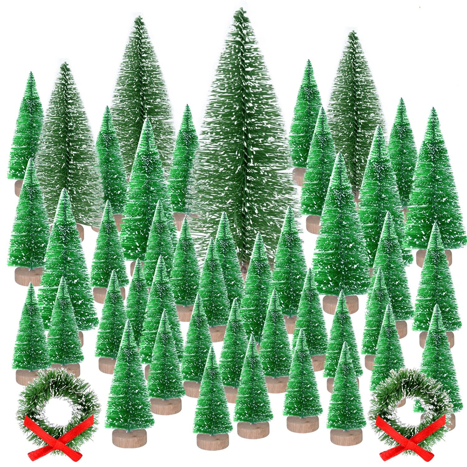 KUUQA 46Pcs Mini Christmas Village Trees - Bottle Brush and Sisal Snow Forested Trees With Wreaths for House Decorations, Diorama Models