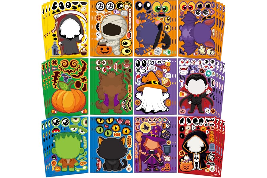Halloween Stickers 48 Sheets DIY Halloween Party Favors Crafts Kids | 8.6" X 5.8" Halloween Activities Games Goodie Bag Stuff