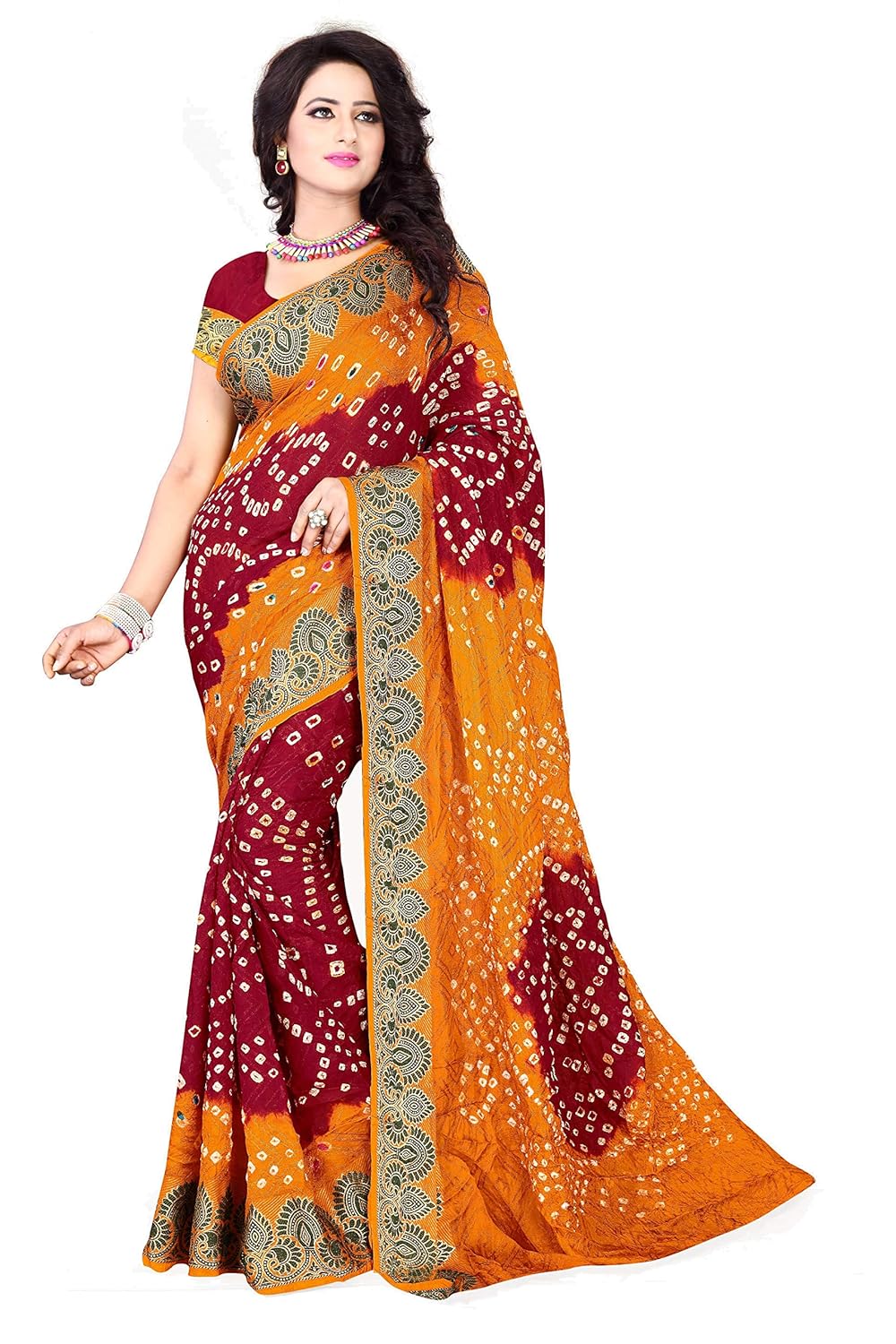Buy Fabreca Cotton Silk Mustard Maroon Bandhej Women S Bandhani Saree At Amazon In