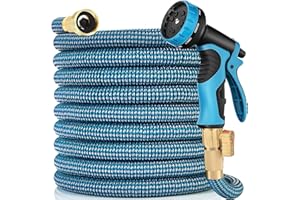 BOMMIYAN Expandable Garden Hose 50 ft with 10 Function Nozzle Sprayer, Lightweight Flexible Water Hose with Durable Collapsible Latex Core & Solid Brass Fittings, 50ft Retractable Stretch Hose, Blue & White