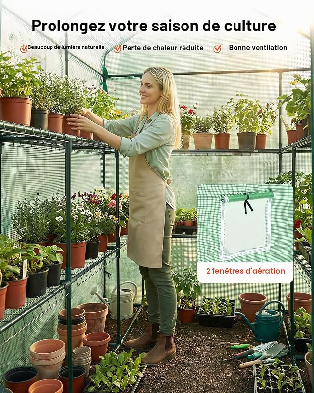 Serre de Jardin avec 14 Étagères 2 Niveaux Serre de Jardin pour Plantes et Fleurs en Pot, avec Bâche en PE, 2 Fenêtres, Porte Zippée Enroulable, Charge par Niveau 15 kg, 137x206x196 cm, Vert