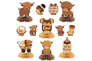 ARIANQICULT 12Pcs Highland Cow Honeycomb Centerpieces Brown Highland Cattle Baby Shower Party Table Decorations Holy Cow Gender Reveal Cutouts Welcome Baby Party Table Toppers Photo Props Decor for Baby