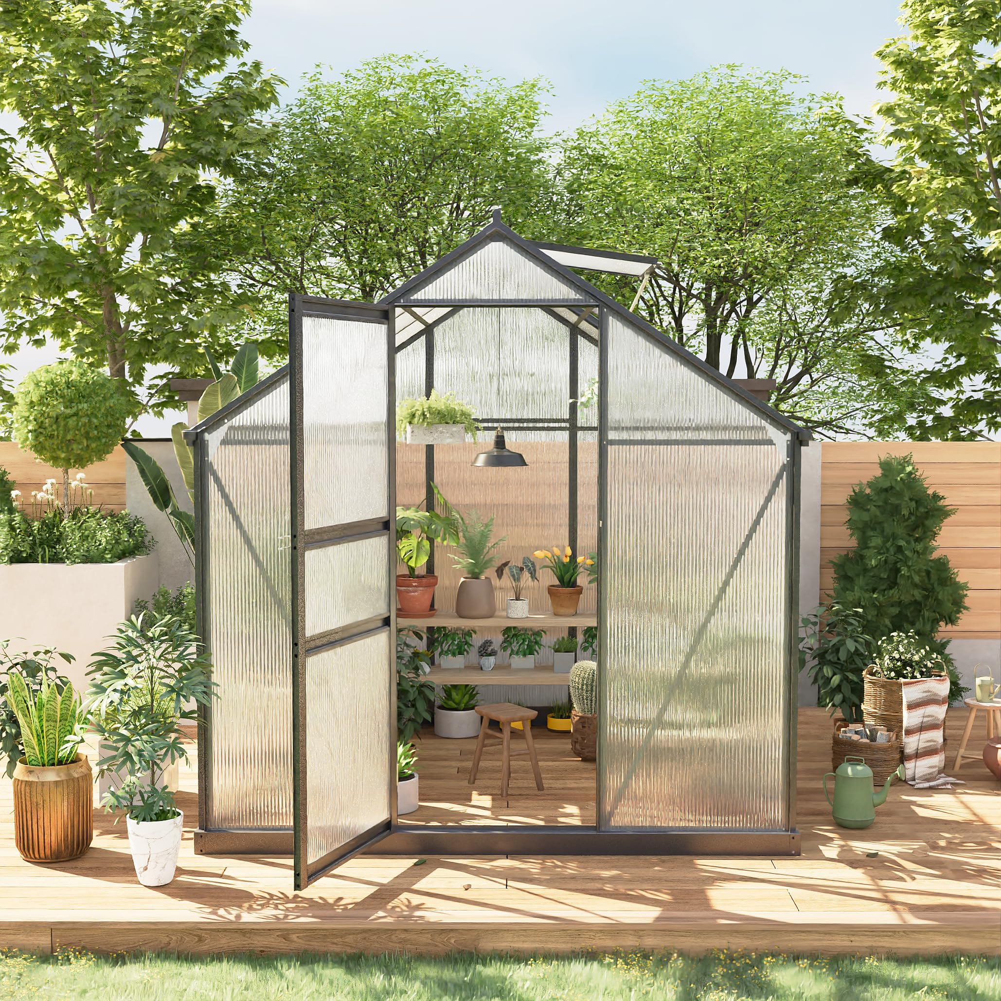 Photo 1 of ****PARTIAL SET, AS IS NO RETURNS, HAS METAL FOUNDATION AND NAILS**** 6*10 FT Outdoor Walk-in Greenhouse, Polycarbonate Green House, Heavy Duty Greenhouse with Vented Roof Window, Windproof Aluminum Frame, Suitable for Outside Gardening, Backyard, Patio