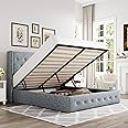 Allewie Full Size Lift Up Storage Bed, Button Tufted Headboard with Wingback, Hydraulic Support, No Box Spring Needed, Grey Blue