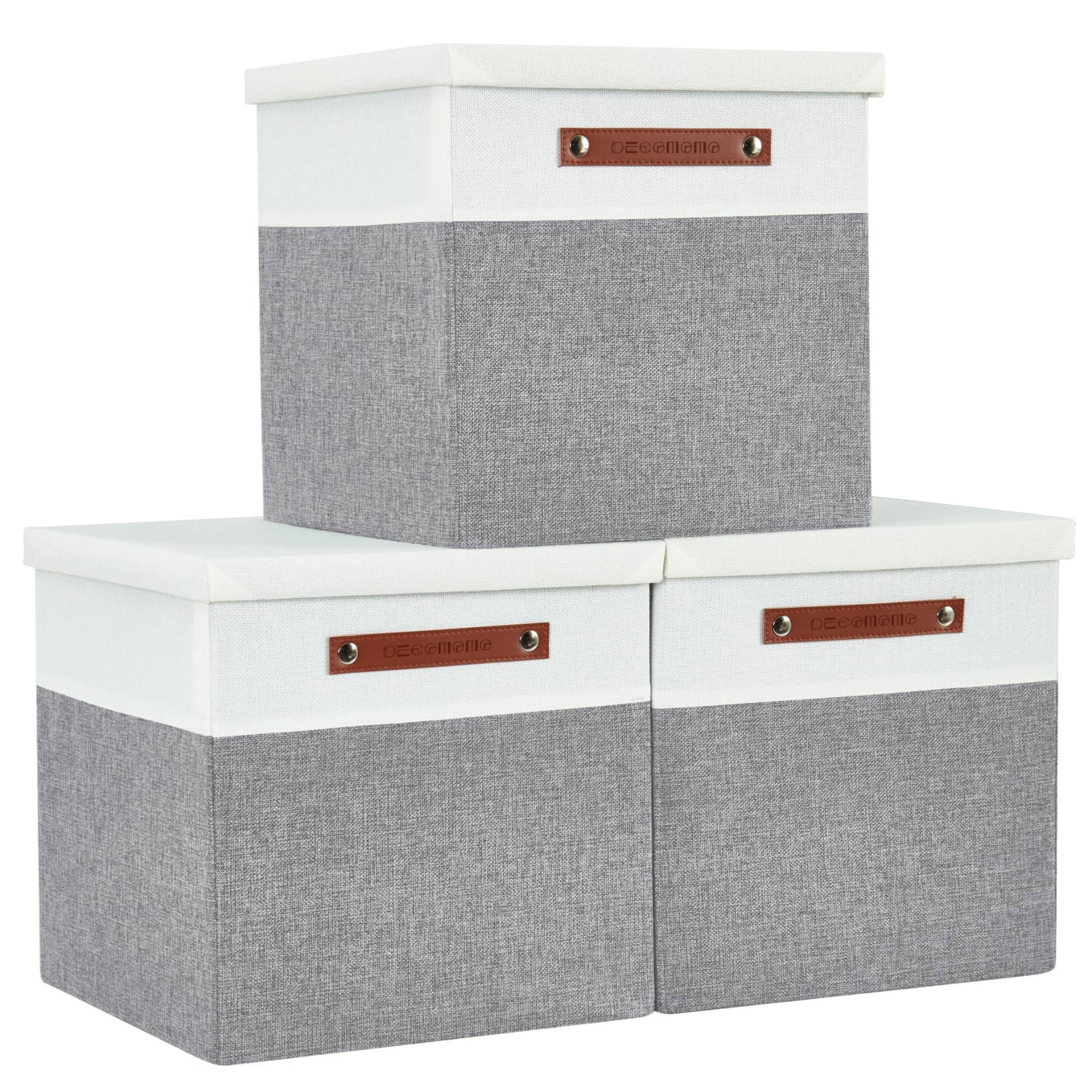 DECOMOMO Storage Boxes with Lids | Storage Cubes 33x33x33cm Fabric Organiser Storage for Wardrobe, Toys, Shelves, Office, Home & Nursery (Grey & White- Set of 3)