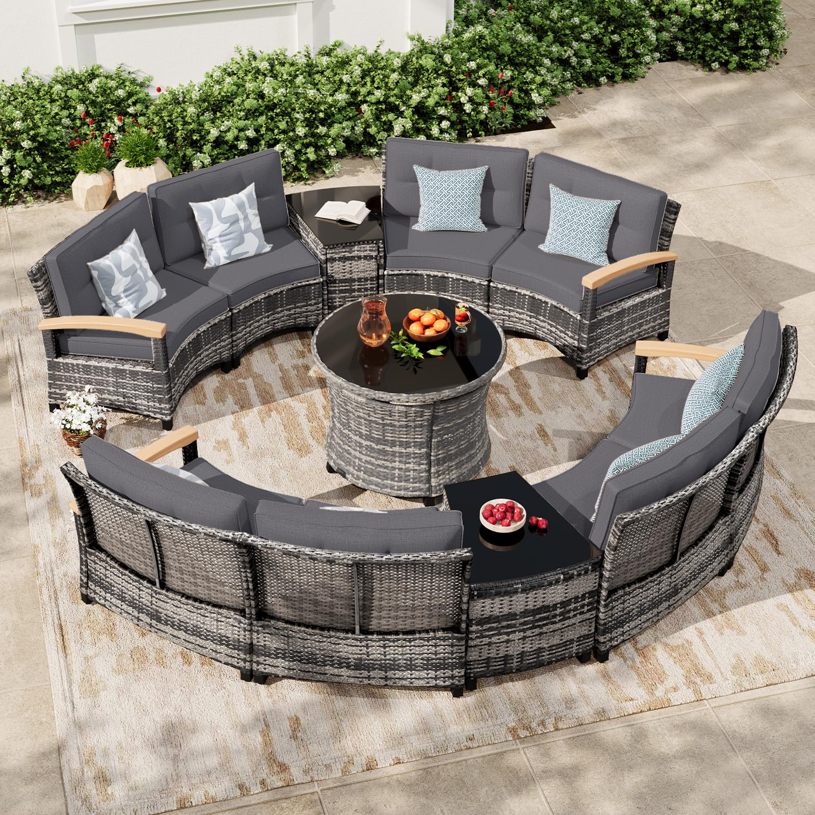 MEISSALIVVE 11-Piece Half-Moon Curved Outdoor Patio Furniture Set, Sectional Conversation Sofa with Wood Armrests, Round Coffee Table for Backyard Deck Garden, Grey