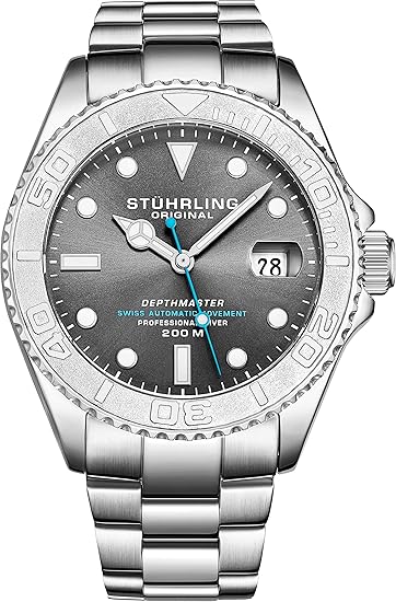 Stuhrling Original Herren-Automatikuhr aus Edelstahl DEPTHMASTER, 200 Meter wasserdicht, mit Taucher-Sicherheitsverschluss un
