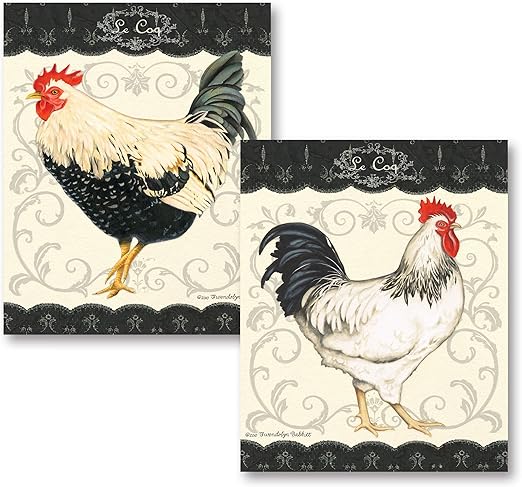 Amazon Com Gango Editions Set Of 2 Le Coq Rooster Art Prints French Kitchen Decor 8 X 10 Two 8x10in Mounted Prints Ready To Hang Black Cream Red Posters Prints