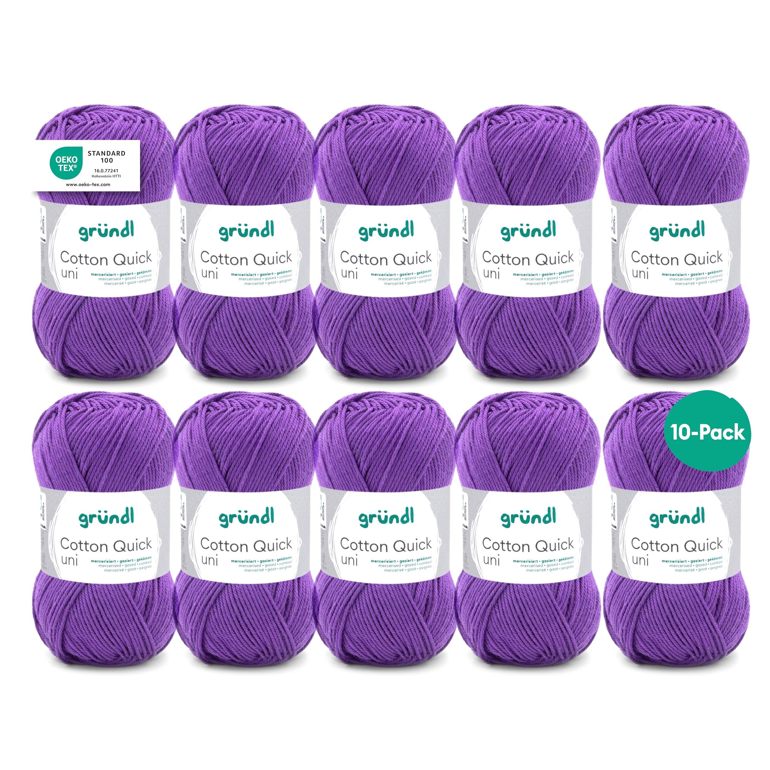 Gründl Cotton Quick Uni knitting/crochet yarn, 10 balls à 50 g (colourful yarn made of 100% cotton, OEKO-TEX certified, 50 g / 125 m, needle size: 3-4, 10 x 50 g), Purple