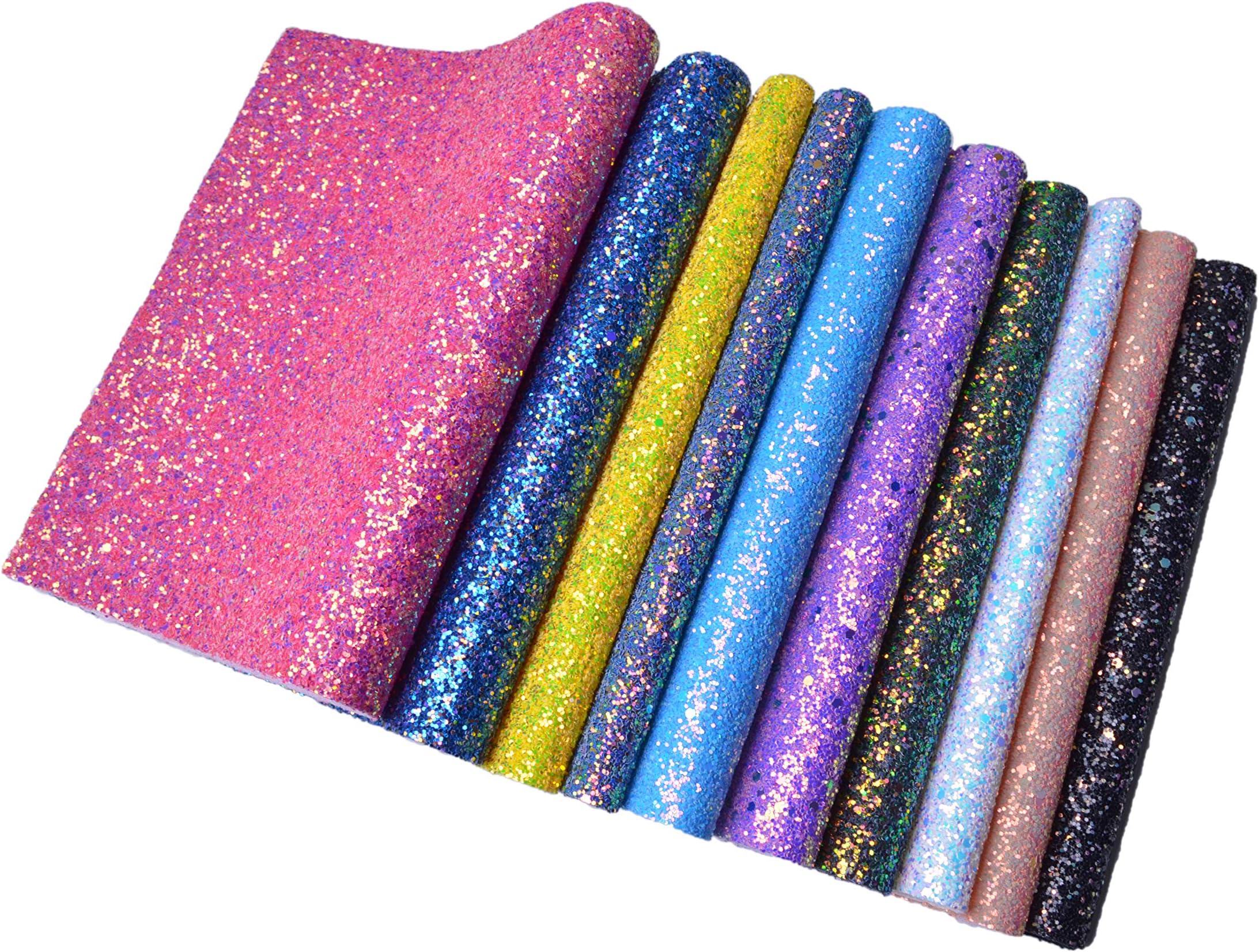 Wento Assorted Colors 10pcs Chunky Glitter Fabric Sheets，A4(8” x 12”) Thick Elastic Glitter,Super Sparkly Glitter Fabric for Hair Bows Making，Hair Accessories,Decoration DIY Crafts