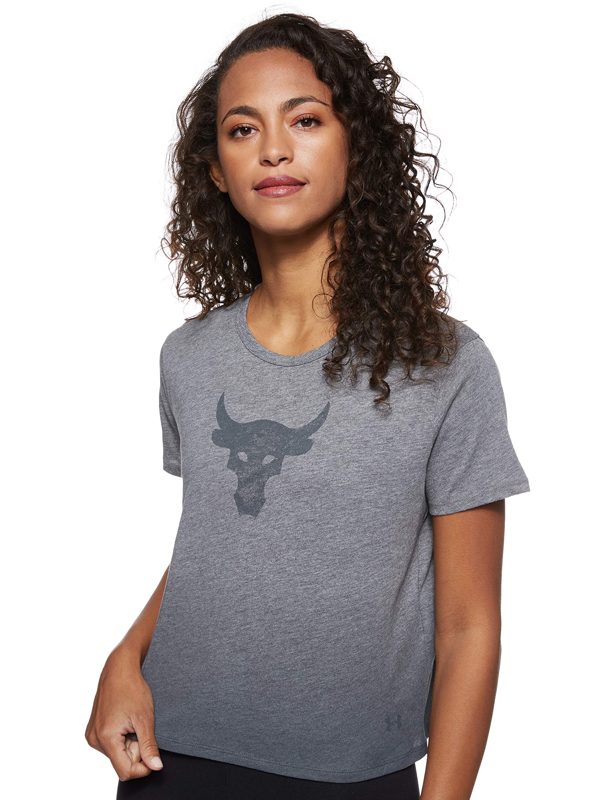 Under Armour Women's The Rock Bull Graphic T-Shirt Short Sleeve, Jet Gray Light Heather (010)/Steel, Large