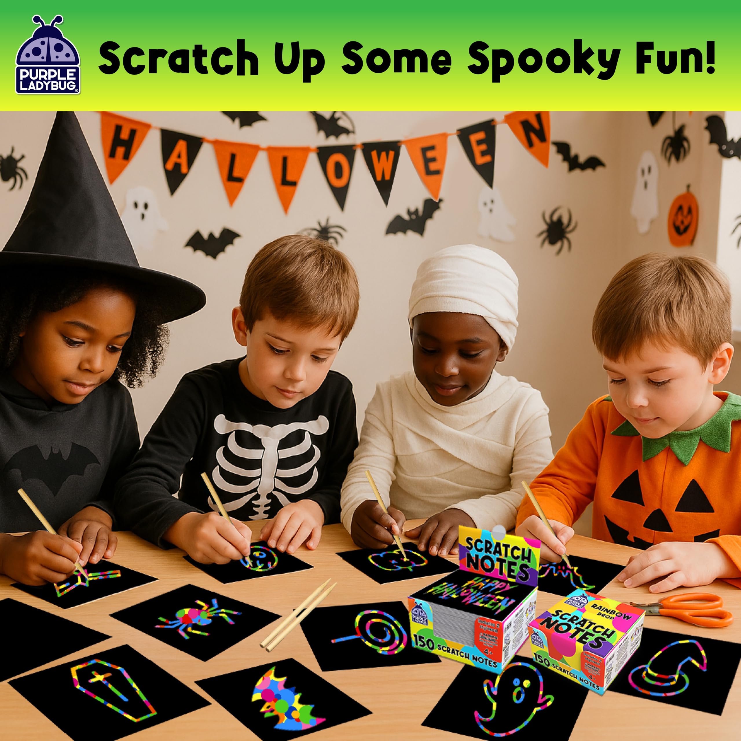 PURPLE LADYBUG 150 Rainbow Scratch Art Mini Notes - Stocking Stuffers for Kids, for Girls & for Teen Girl, Arts and Craft Supplies, Christmas Crafts Activity Kit, Birthday Party, Classroom Supplies