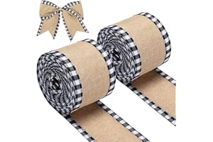 SYHOOD 2 Rolls Christmas Buffalo Plaid Wired Edge Ribbons Christmas Tree Burlap Fabric Craft Ribbon Wrapping Ribbon with Checkered Edge, 216 Inch (Black and White,2.5 Inch Width)