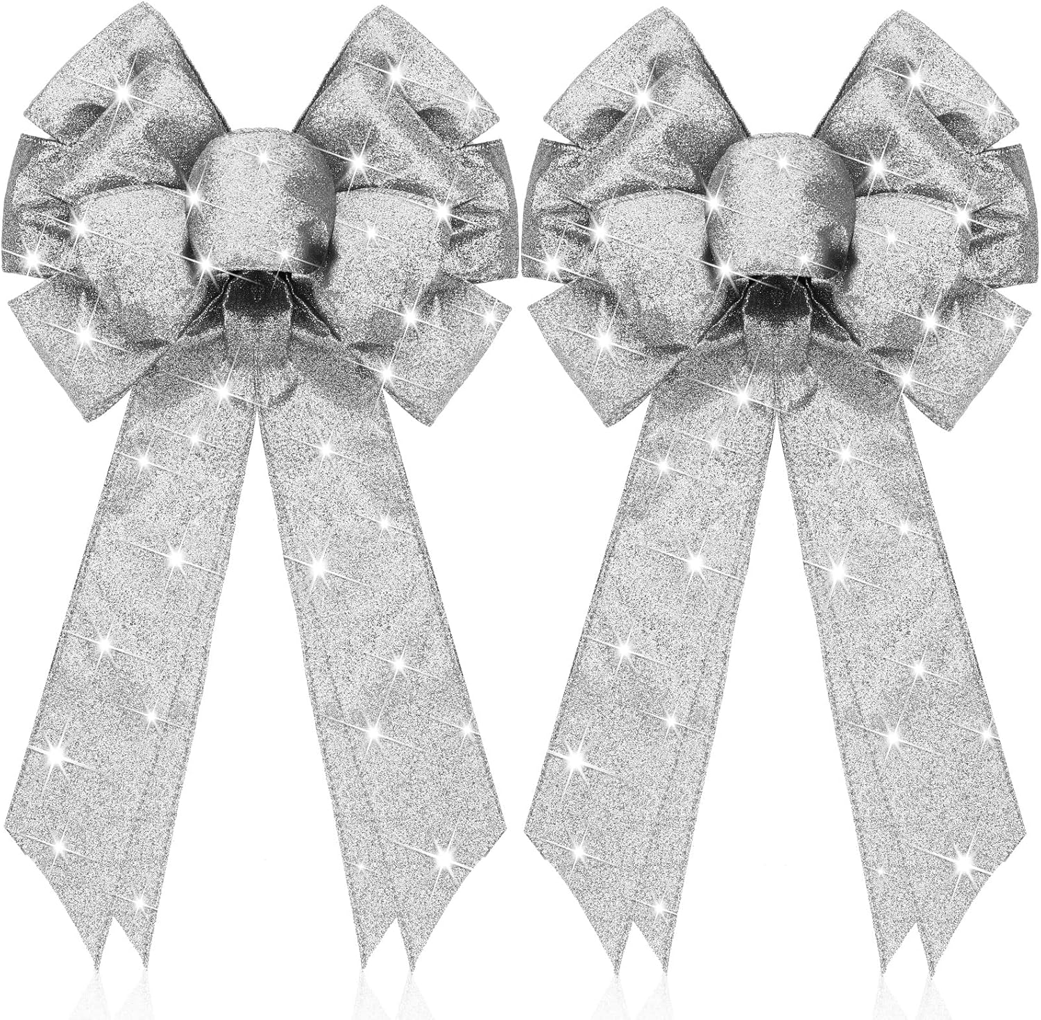 Bows & Ribbons - 2 Pcs Christmas LED Wreath Bow Xmas Wreath Burlap Bow LED Lights Bow Winter Door Wall Decor Christmas Tree Topper for Indoor Outdoor Winter Xmas Decoration, 18 x 10 Inch (Silver)