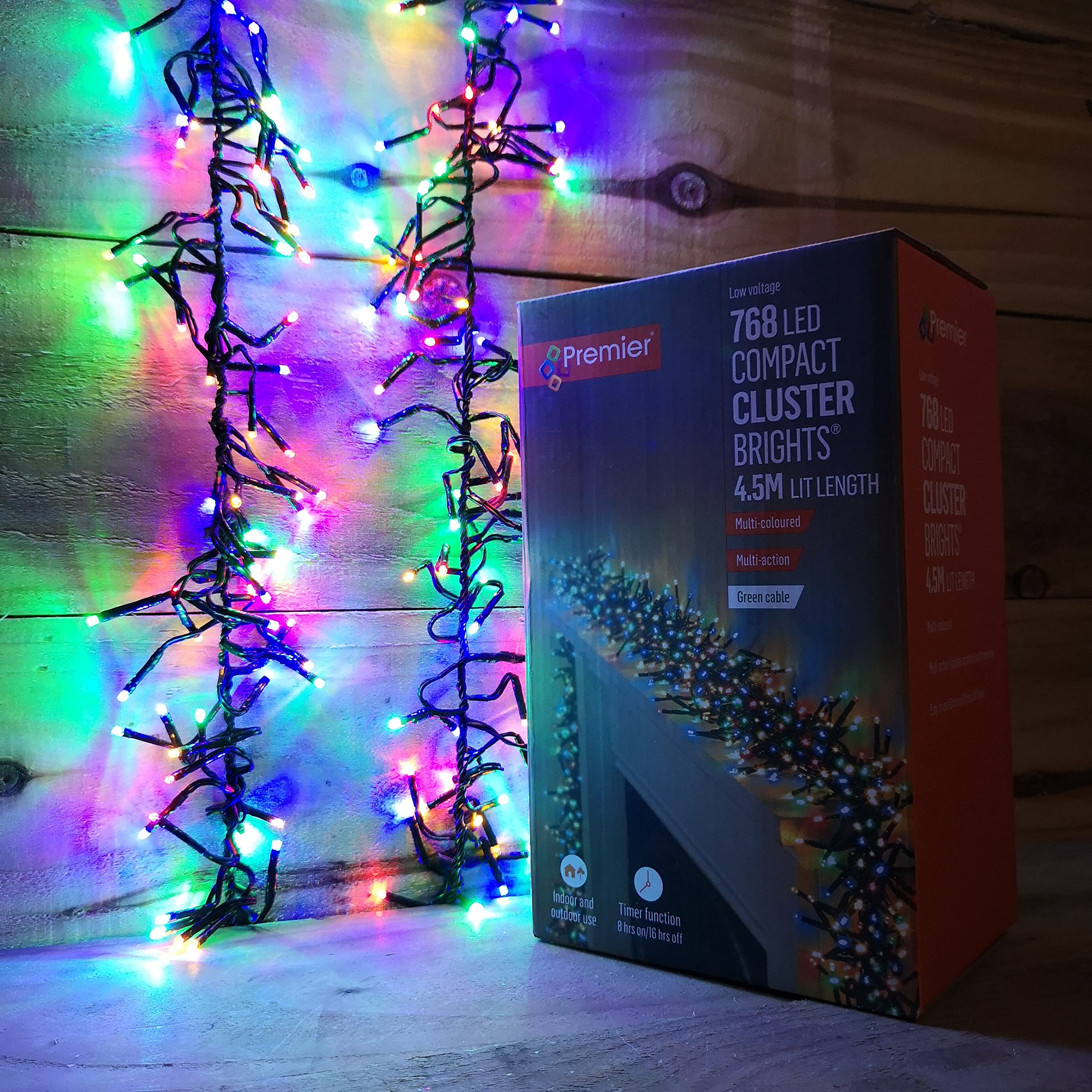 Premier PLC 768 LED compact cluster brights (4.5m lit length). Multi Action and Low Voltage. Indoor and Outdoor/Timer Function available. (Multi)
