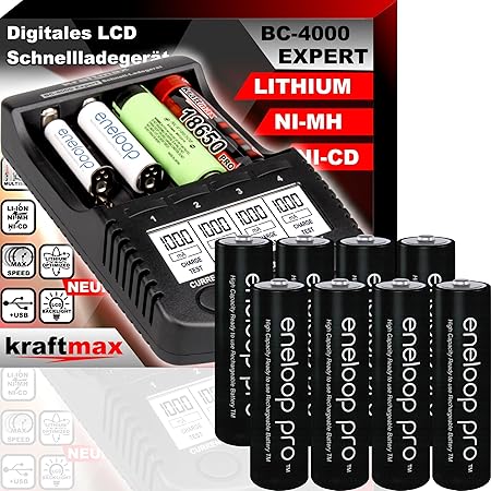 Original BC-4000 EXPERT Ladegerät + 8 Panasonic Eneloop Pro Mignon AA Akkus - SET mit Ladestation und Akku Batterien in kraft