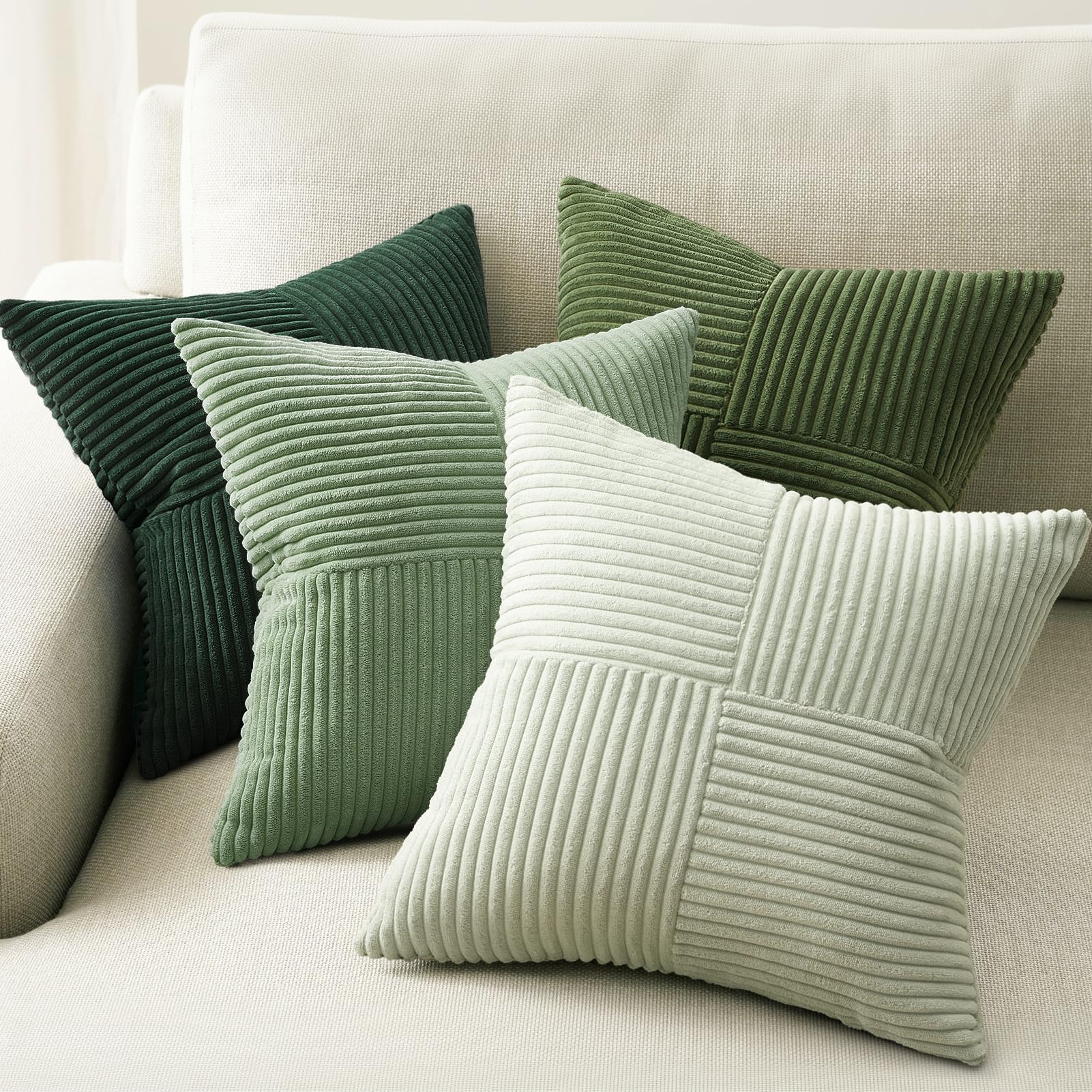 Topfinel SageGreen Throw Pillow Covers,Boho Farmhouse 20x20 Inch Cushion Covers Set of 4,Soft Corduroy Home Decor for Couch Bed Sofa Living Room LightGreen,MossGreen