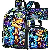 TXHVO 3Pcs Dinosaur Backpack, 16" Boys Bookbag with Lunch Box, Kids School Backpacks Set for Elementary Preschool Kindergarten (Balck)