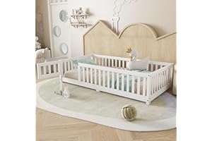 Bellemave Twin Size Montessori Floor Bed with Slats, Twin Size Floor Bed with Door and Fence, Easy Assemble Montessori Beds for Girls, Boys, White