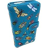 Shag Wear Insect Mania Large Wallet Vegan Faux Leather Butterfly Beetle Dragonfly Design Clutch with Card Slots Bill Compartments ID Window Zippered Coin Pocket 7" Teal