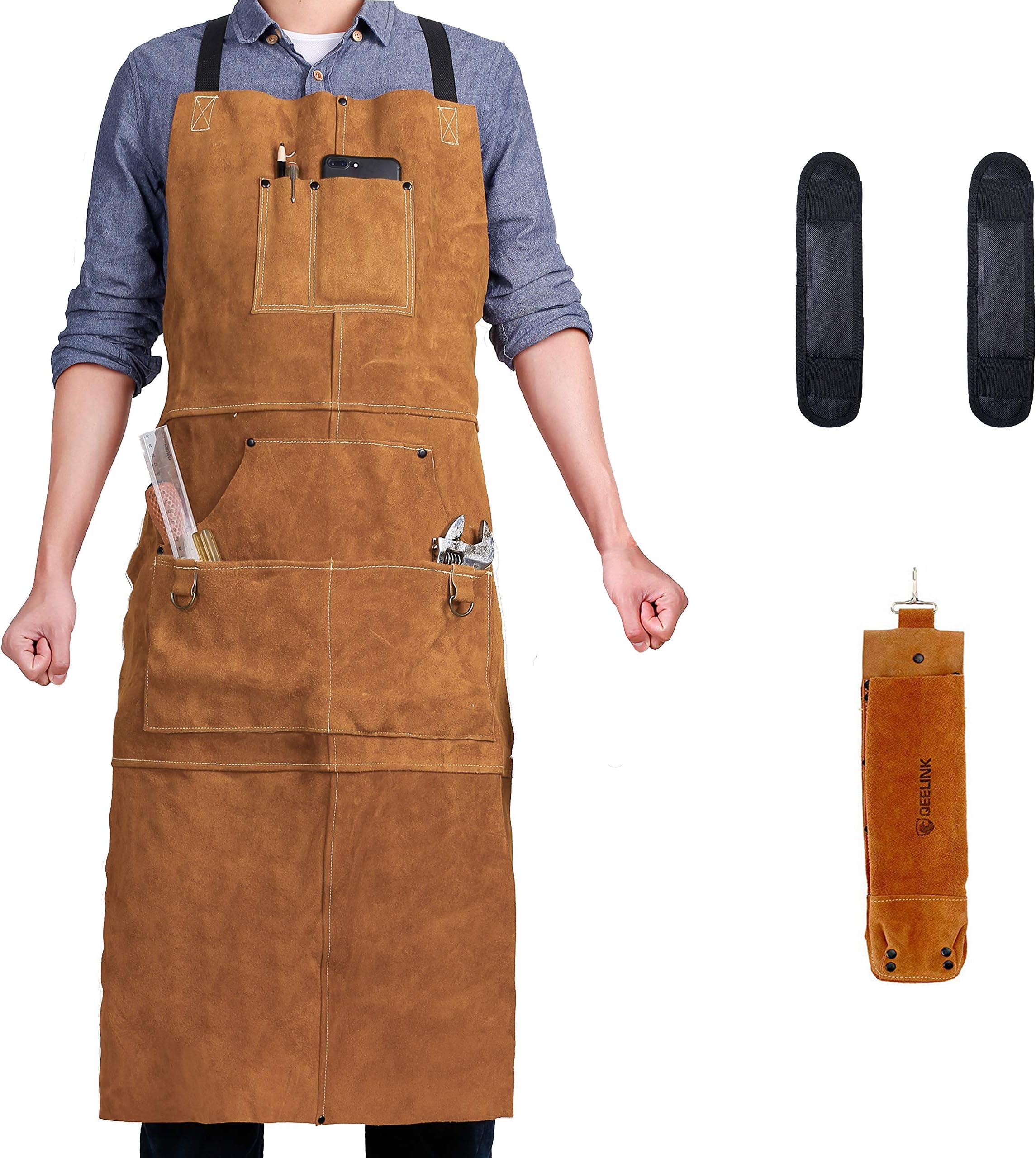 Leather Welding Apron 6 Pockets with Gloves - Heat & Flame-Resistant Heavy Duty Work Aprons, 42" Extra Large & Cross Back Long Strap, Adjustable M to XXXL for Men & Women (Brown - Deluxe Edition)