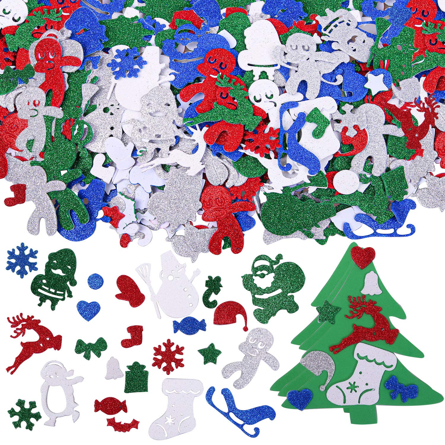 Aneco 600 Pieces Glitter Foam Christmas Stickers Self-Adhesive Christmas Gingerbread Santa Stickers Christmas Tree Shapes for Xmas Craft Projects, Assorted 26 Styles