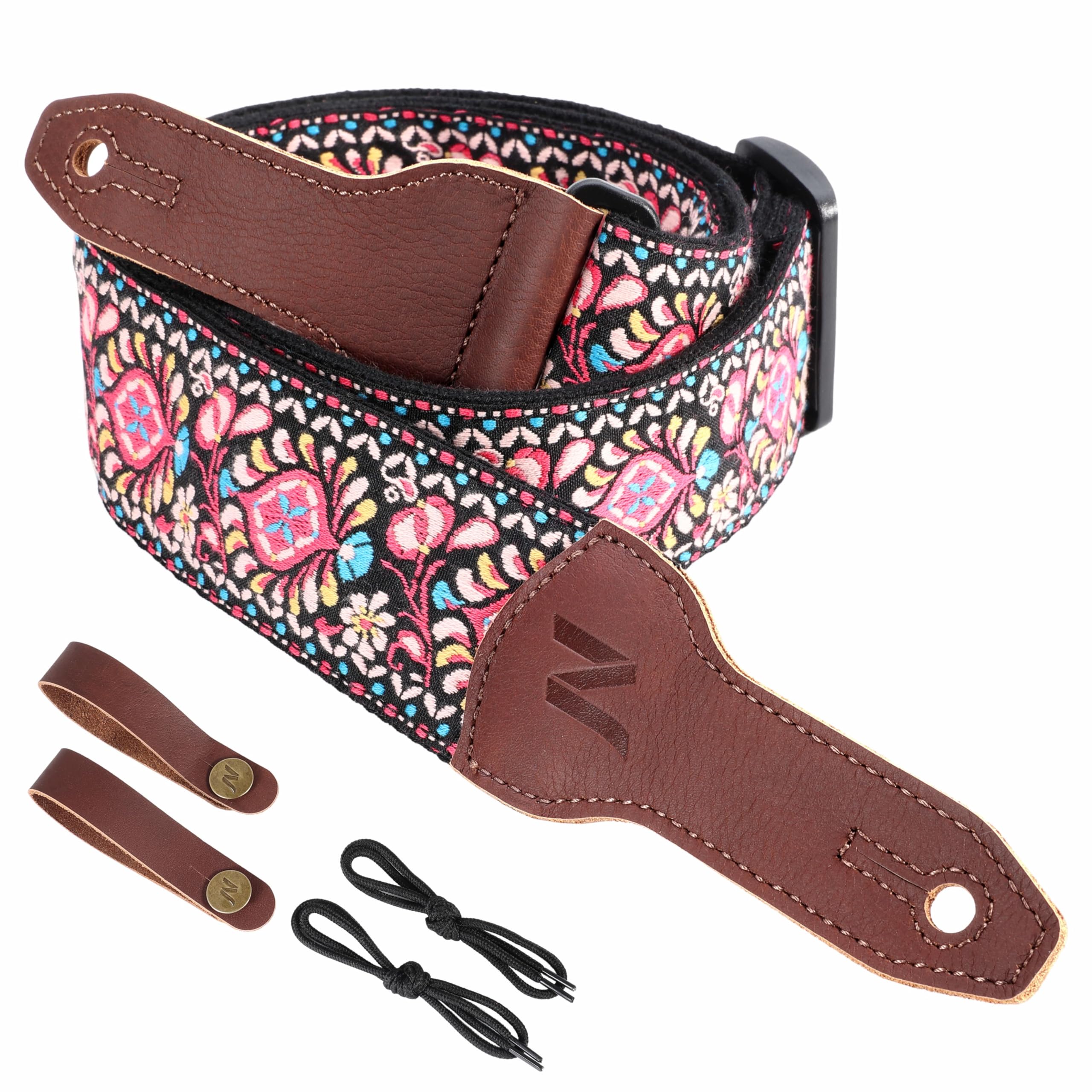 Nefelibata Banjo Strap, 2"Wide Full Grain Cowhide Guitar Strap Adjustable Replacement,Multi-pattern Guitar Strap With Headstock Rope and Leather Headband(Pink Flower Embroidery)