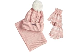 Sportoli Women’s Girls’ kids 3-Piece Cable Knit Cold Weather Set Hat Scarf Glove - Blush (Size Kids / 4-7 Yrs)