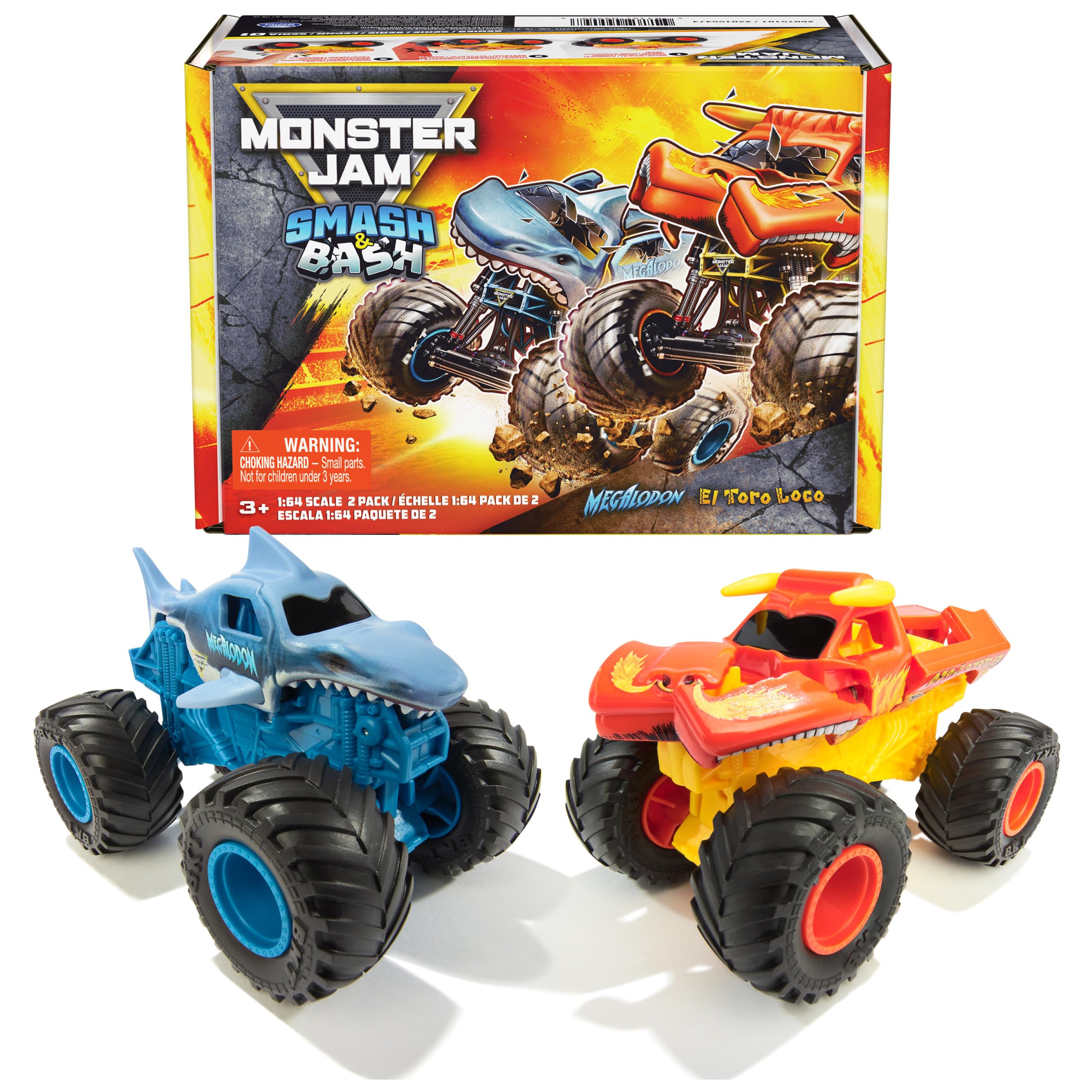 Monster Jam Smash & Bash 2-Pack Monster Trucks, Megalodon & El Toro Loco, 1:64 Die Cast Repairable Monster Truck, Kids Toys for Boy and Girls Ages 3 and up