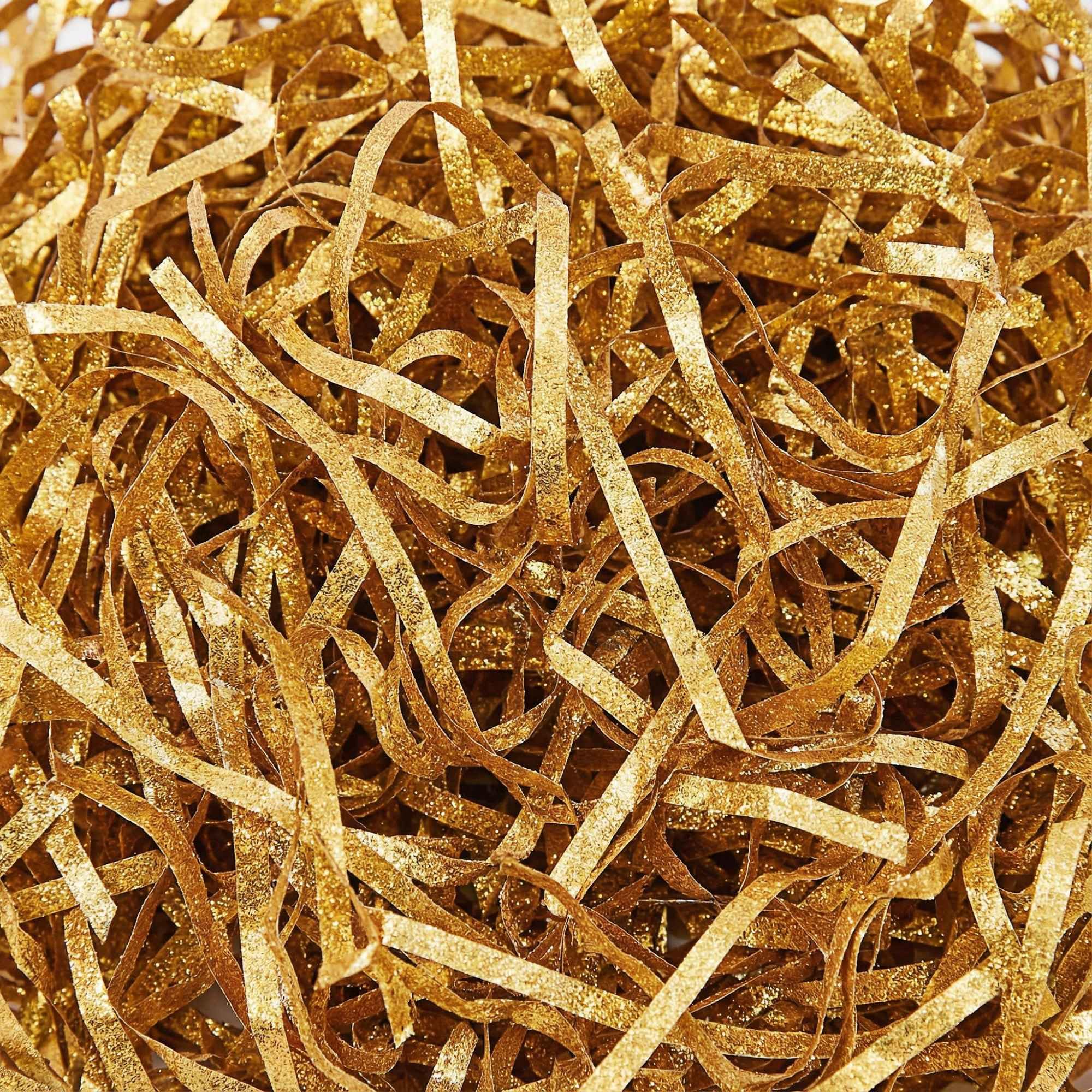 LJY 100g Gold Glitter Shredded Paper for Gift Boxes - Iridescent Hamper Filling Tissue Paper, Sparkle Basket Filler and Gift Box Stuffing, Crinkle Cut Packing Material for Weddings