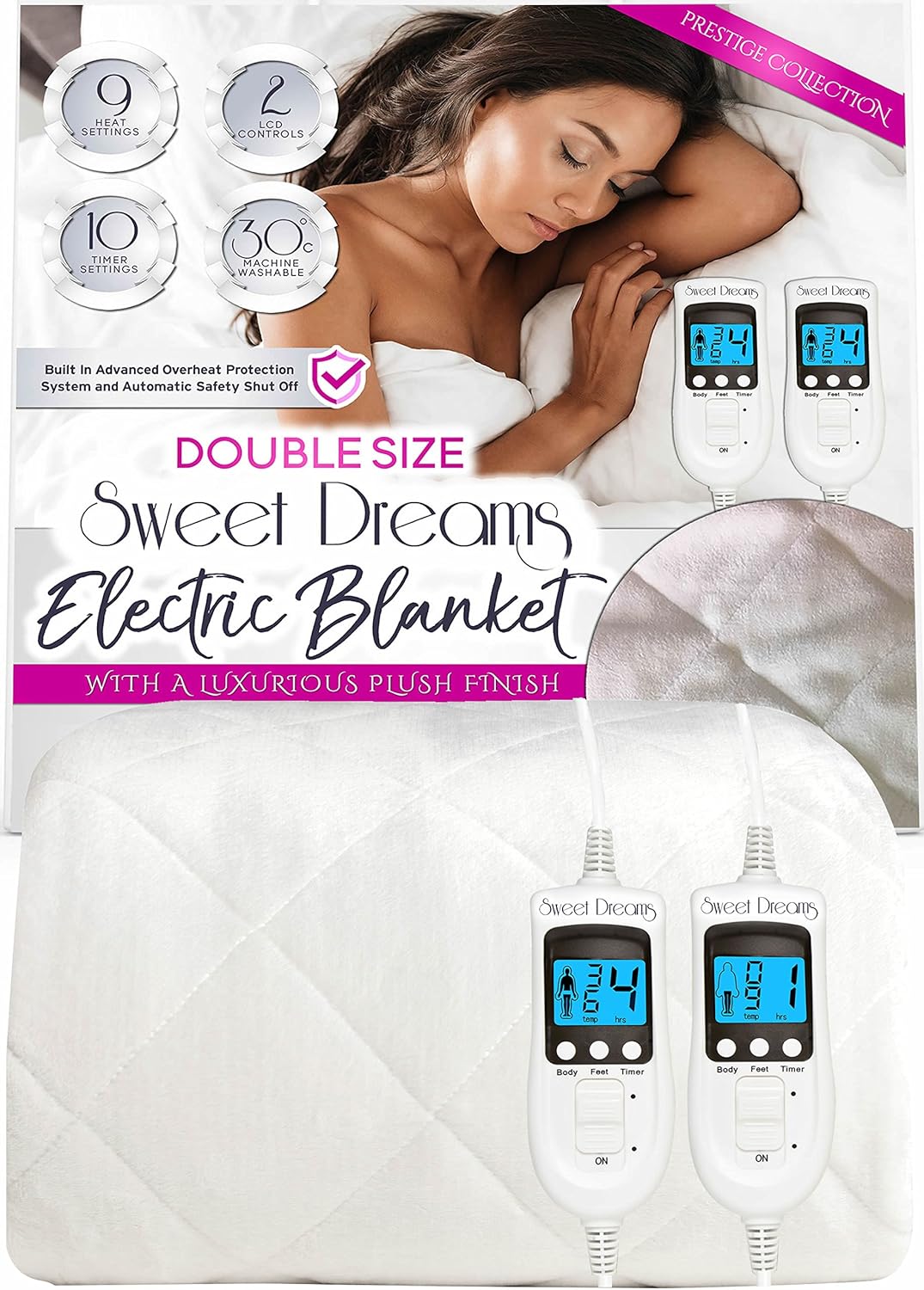 Sweet Dreams Electric Blanket Double Bed Size 193 x 137 x 40cm, Plush Fleece Quilted, Fitted, Washable