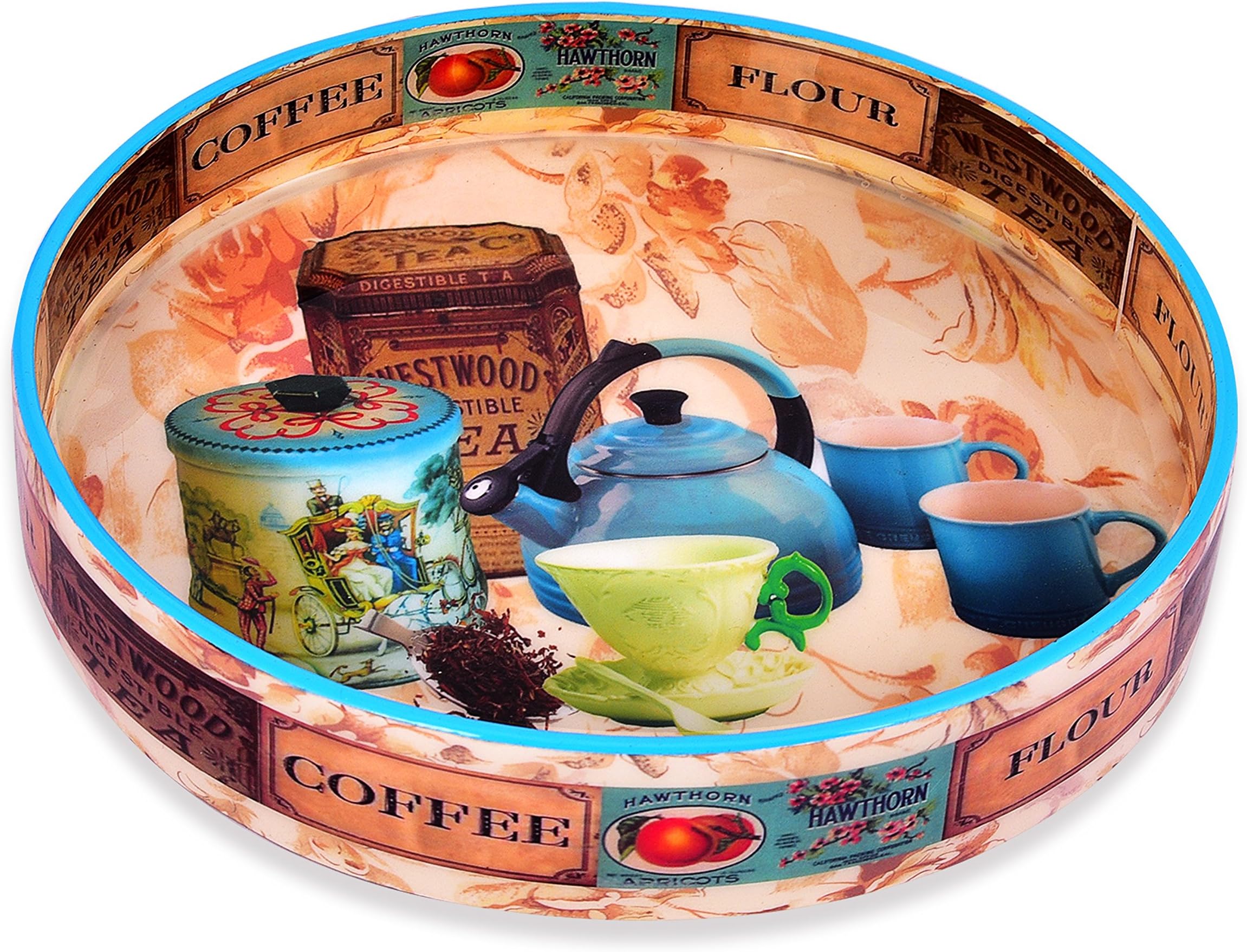 Home Tunes Wooden Tray Round with Enamel Finish -Teapot Cups Design