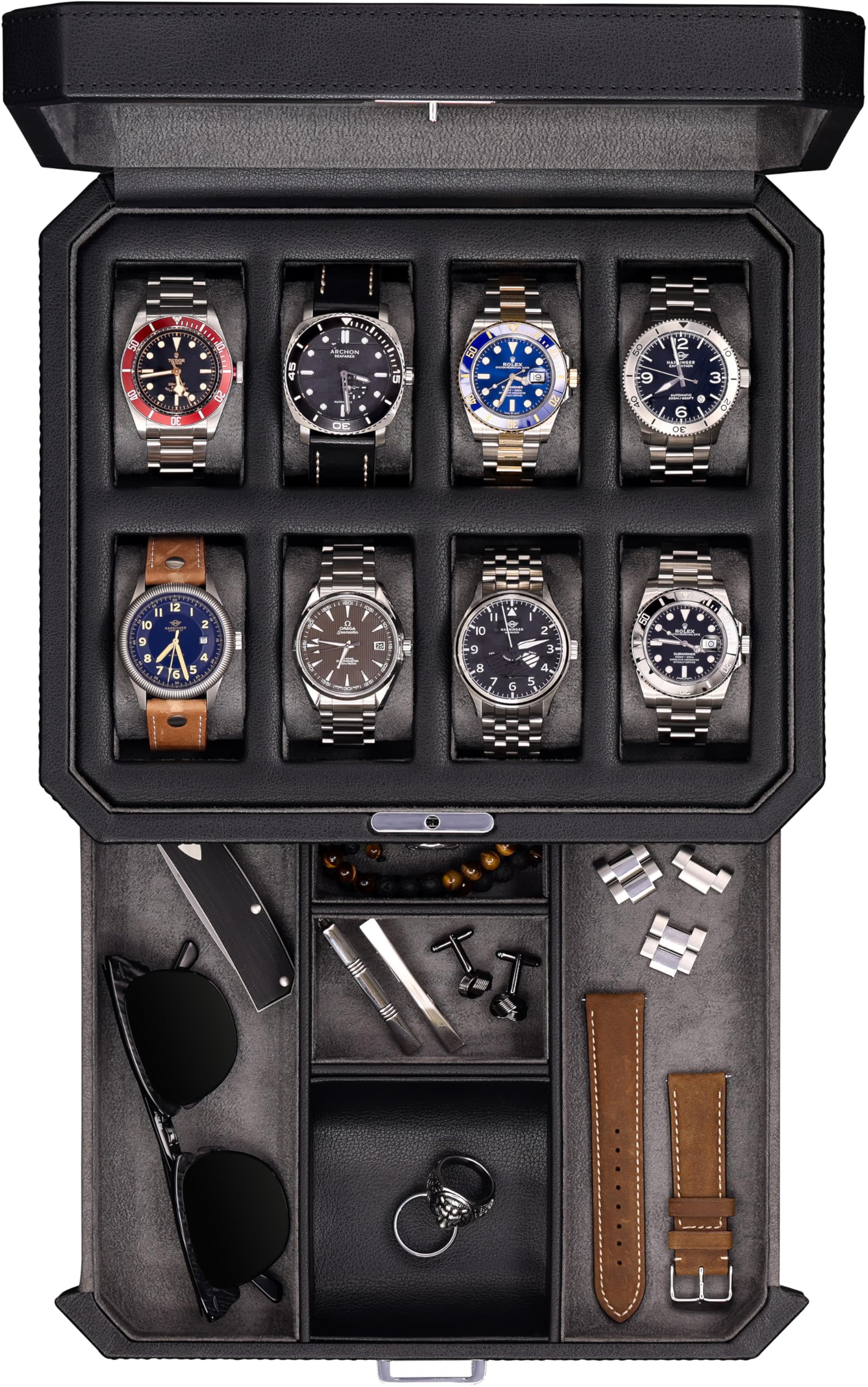 Photo 1 of ROTHWELL 8 Slot Leather Watch Box with Valet Drawer - Luxury Case Display Jewelry Organizer, Locking Display Case Holder, Real Glass Top - Watch Box Organizer for Men & Women (Black/Grey)