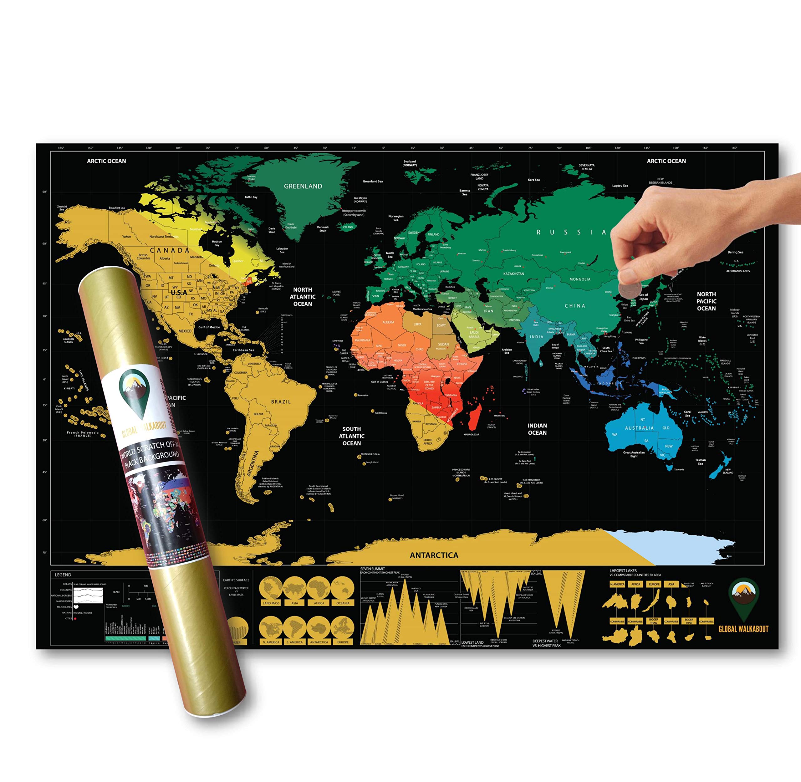 Global Walkabout Scratch Off Map with colours background – Deluxe Travel Size World Map Poster – Countries and Facts – Travel Gift (Black)