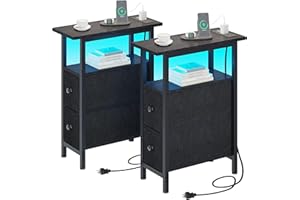 TRIFEBLE End Table Set 2 with Charging Station, Narrow Side Table with 2 Fabric Drawers, Skinny Nightstand with LED Light, Slim Bedside Table for Bedroom, Living Room, Small Spaces, Black
